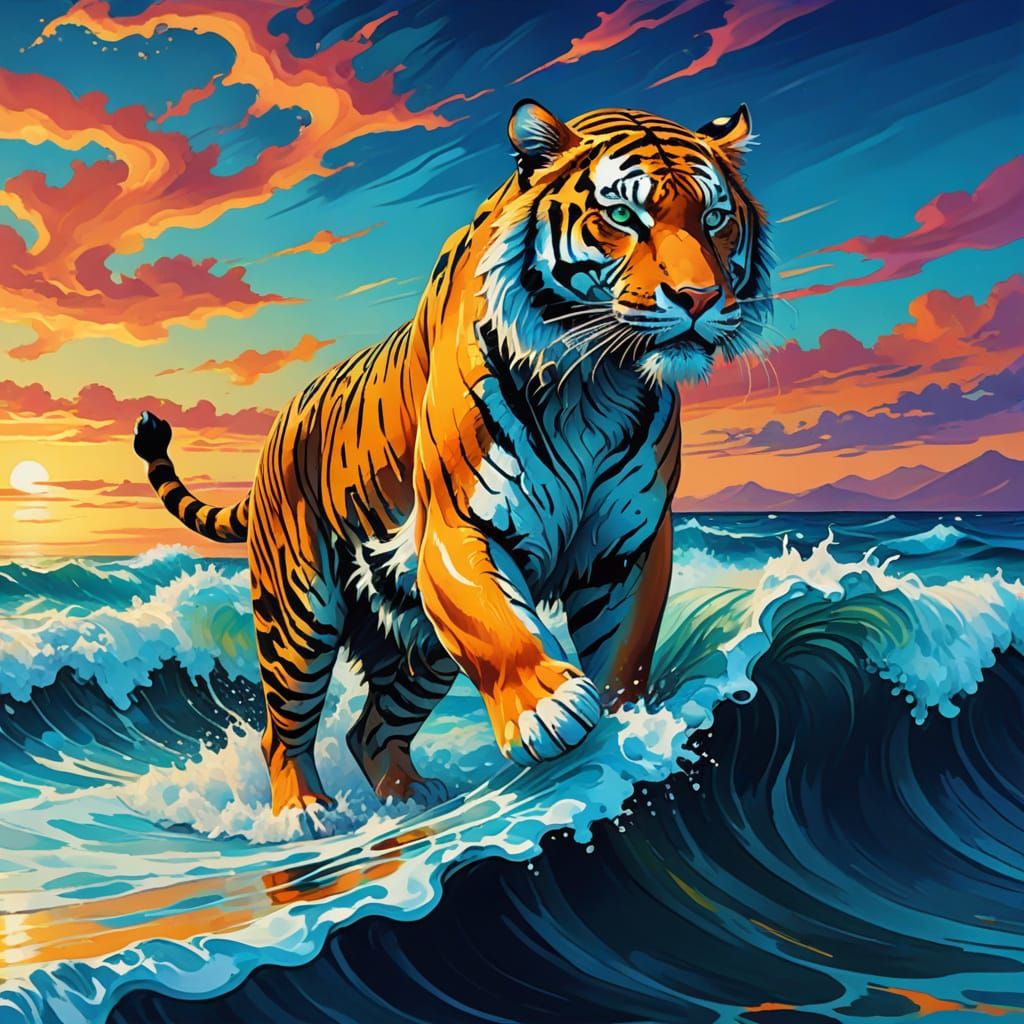 Glowing Tiger Emerges from Waves in Dreamlike Surrealism