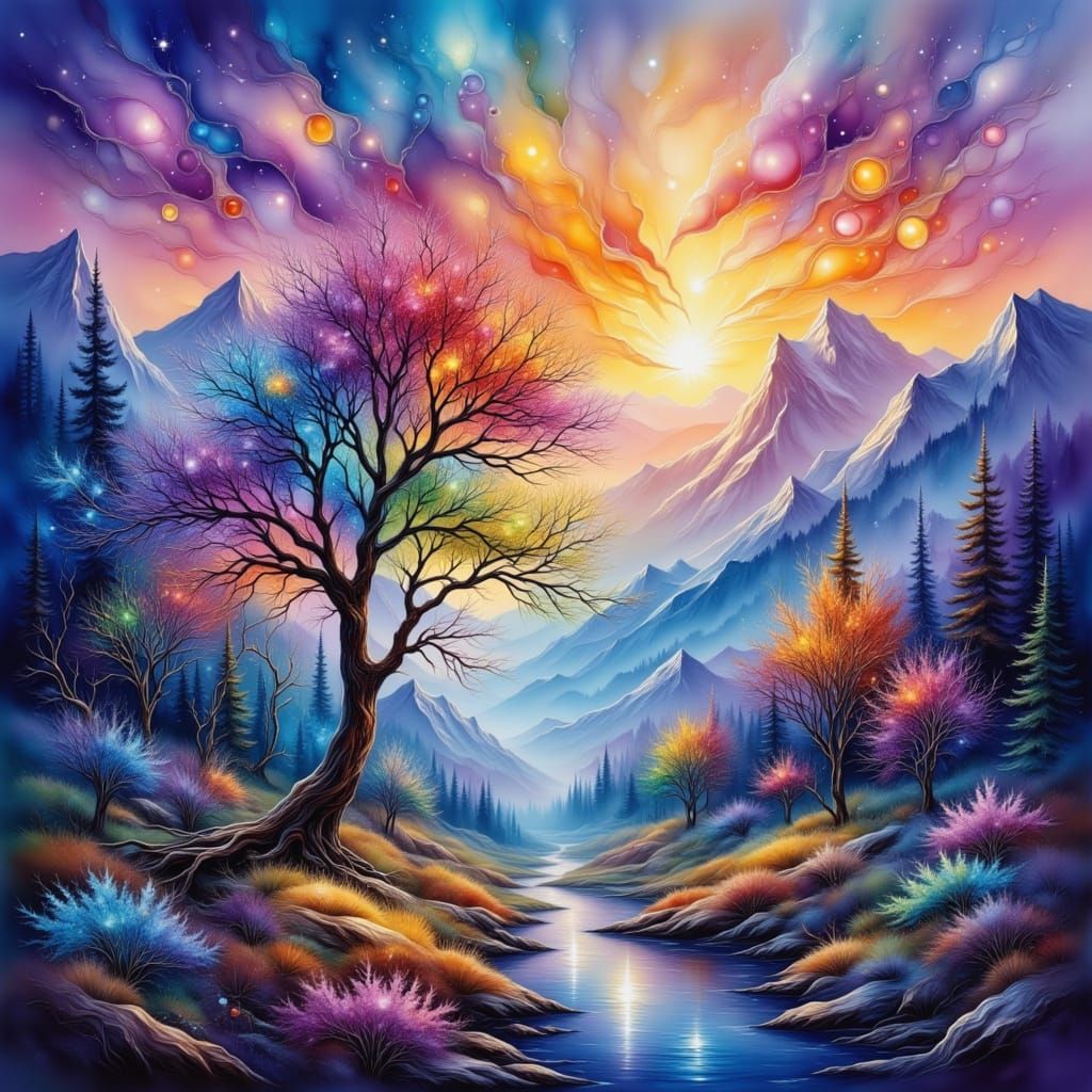 Illuminated Trees on Mountain in Geometric Style