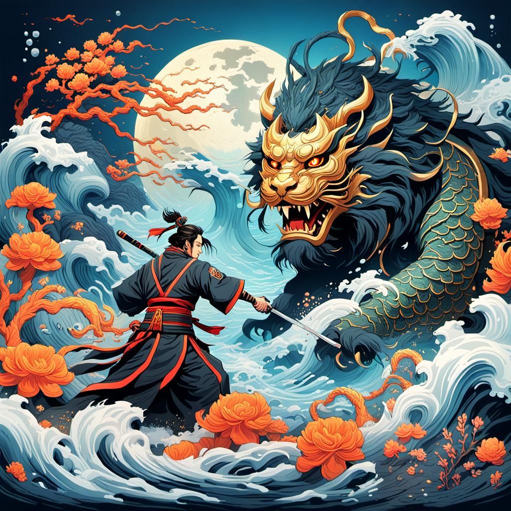 Samurai Lion Mask Demon Fight: Dark Fantasy Art
