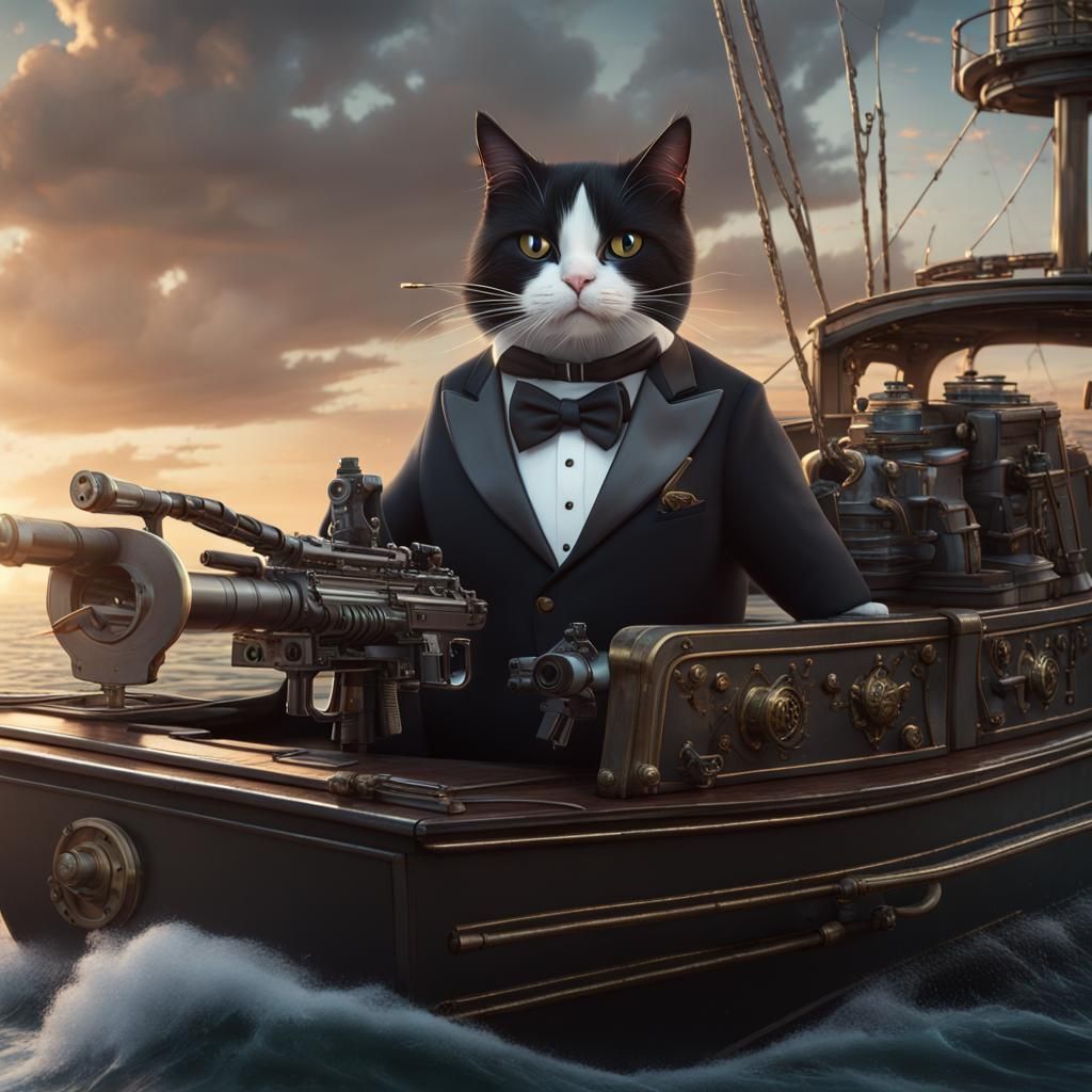 Giant Tuxedo Cat with Machine Gun, Digital Art