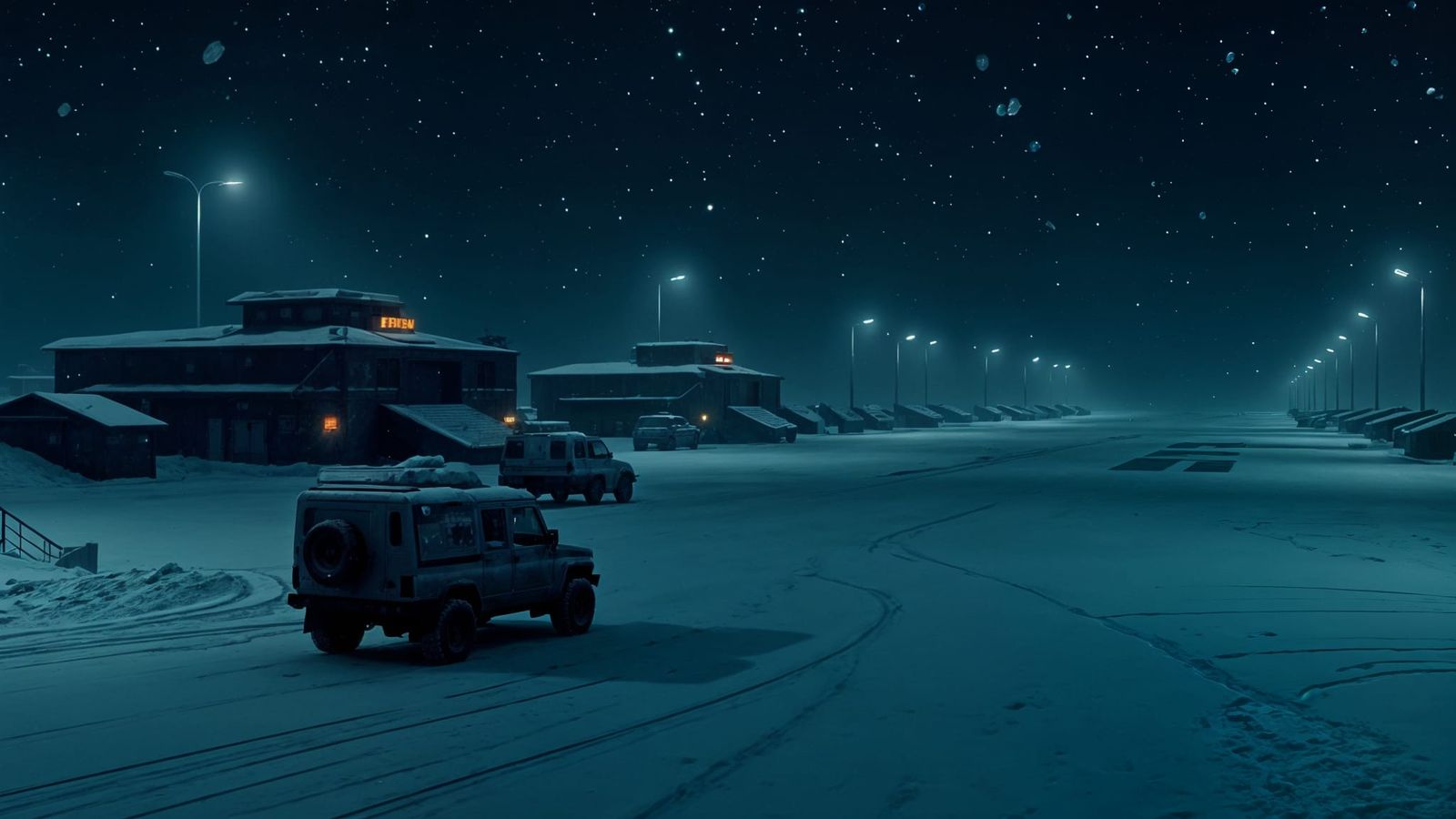 Deserted Military Base in Futuristic Dystopian Snowscape