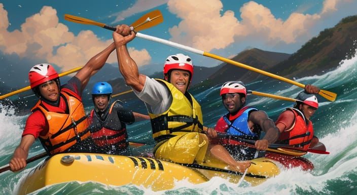 White Water Rafters in Expressionist Action Painting