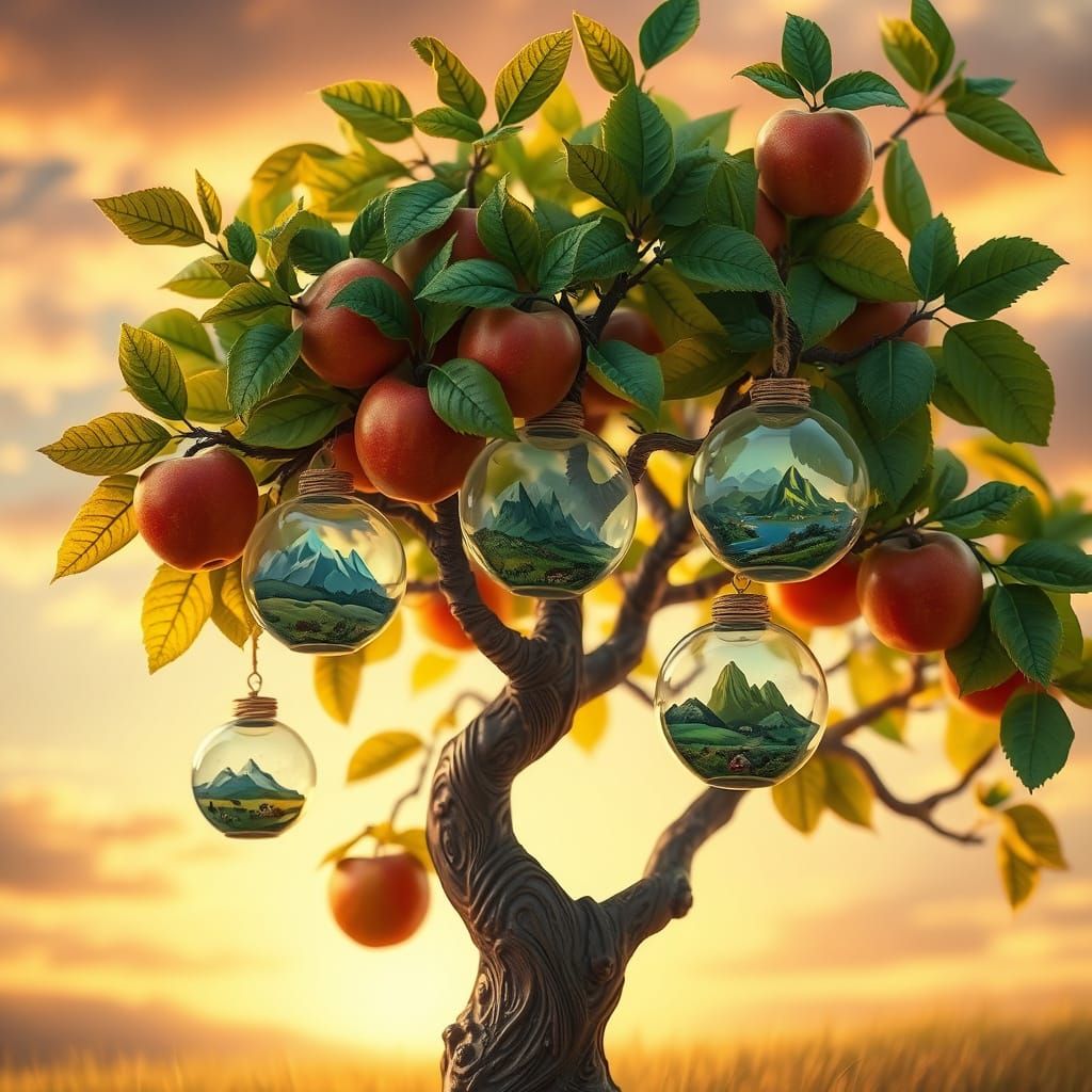 Glass Apple Tree with Miniature Landscapes, Whimsical Art