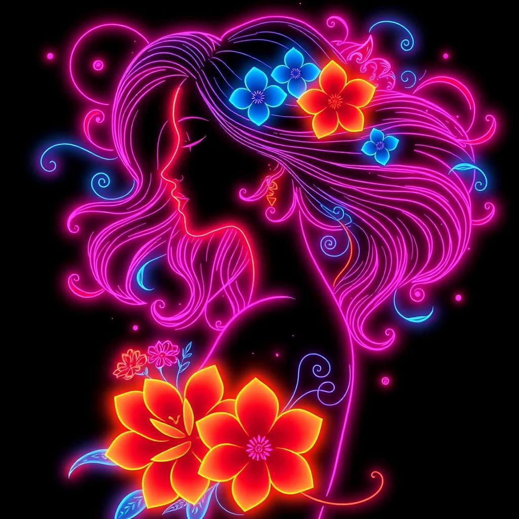 Neon Woman Portrait with Floral Swirls in 3D Art