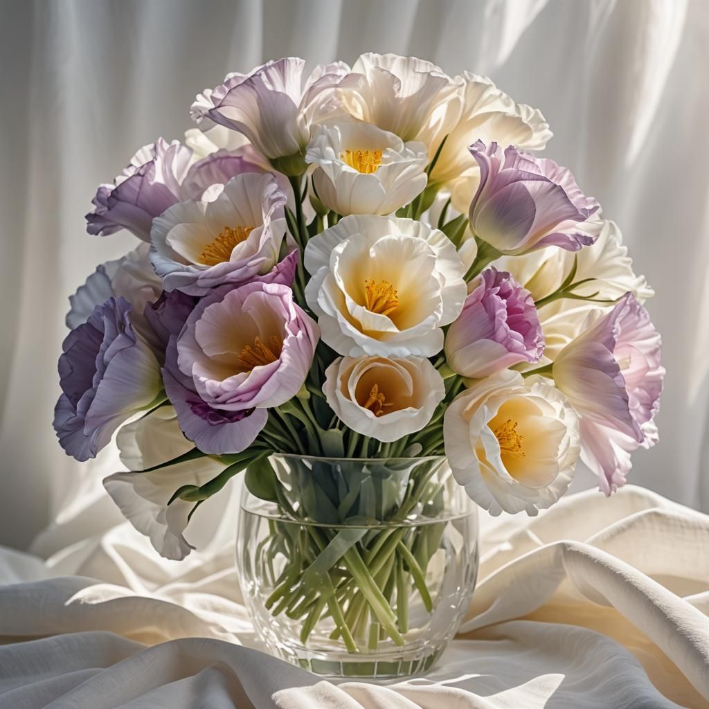 Eustoma Bouquet in Glass Vase: Vivid Digital Art