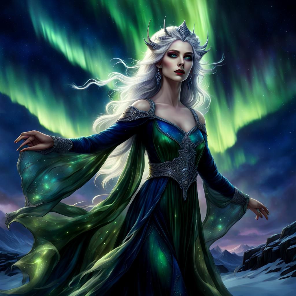 Nyx: Goddess of Night in Aurora Borealis