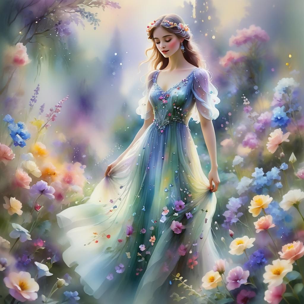 Ethereal Crystal Girl in Lush Watercolor Garden