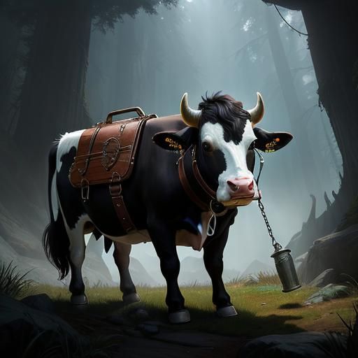 Cartoon Cow Guards Cowbell: Fantasy Concept Art