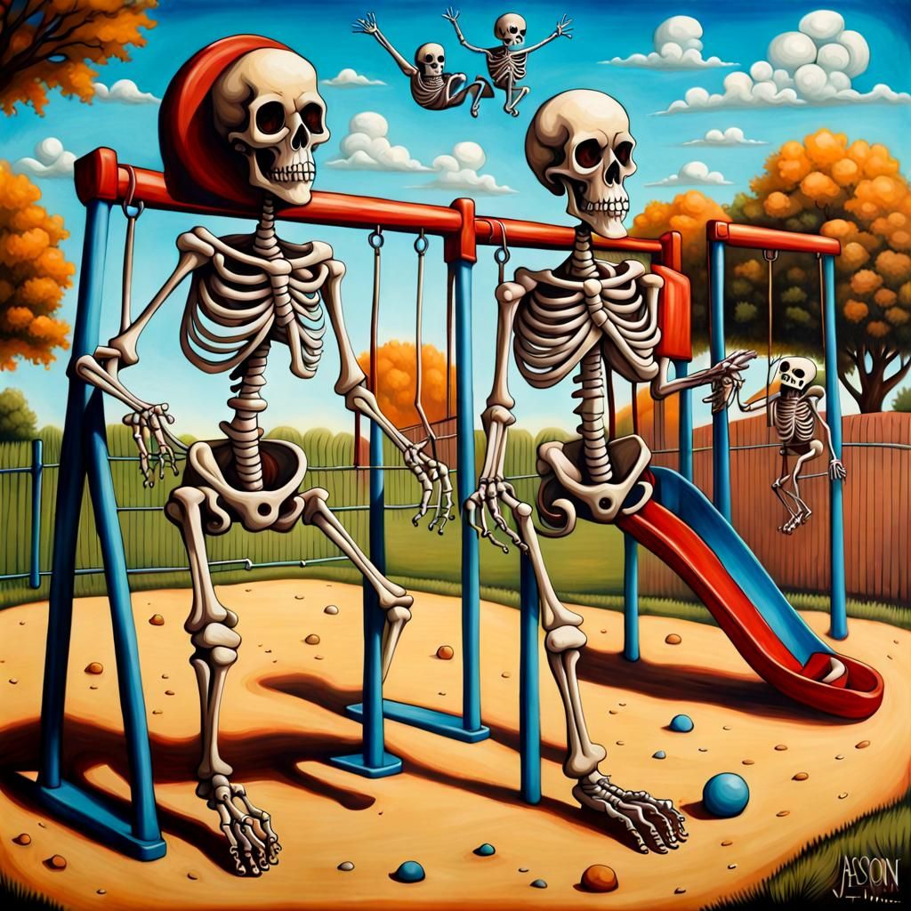 Skeletons Play on Playground in Whimsical Surrealism