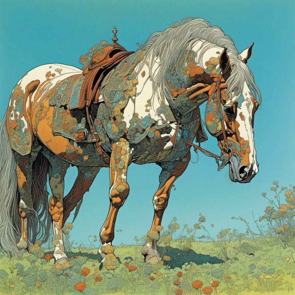 Horse Grazing in Meadow in Moebius Style