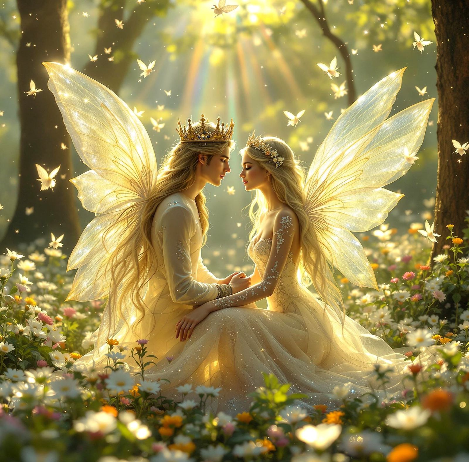 Ethereal Fairy King and Queen in a Shimmering Forest Glade