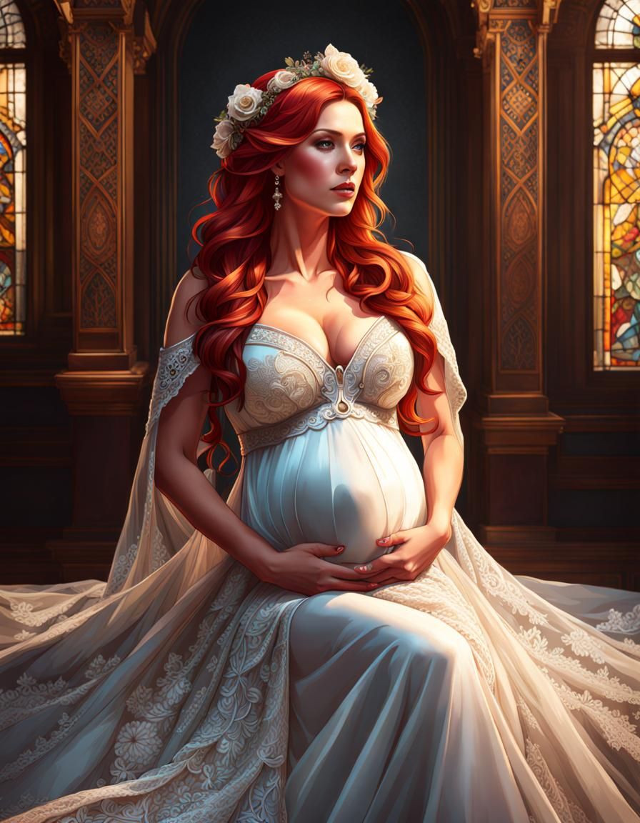 Red-Haired Pregnant Bride in Ornate Lace Dress