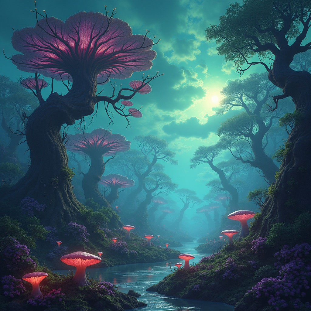 Dreamlike Landscape with Glowing Mushrooms in Matte Painting...