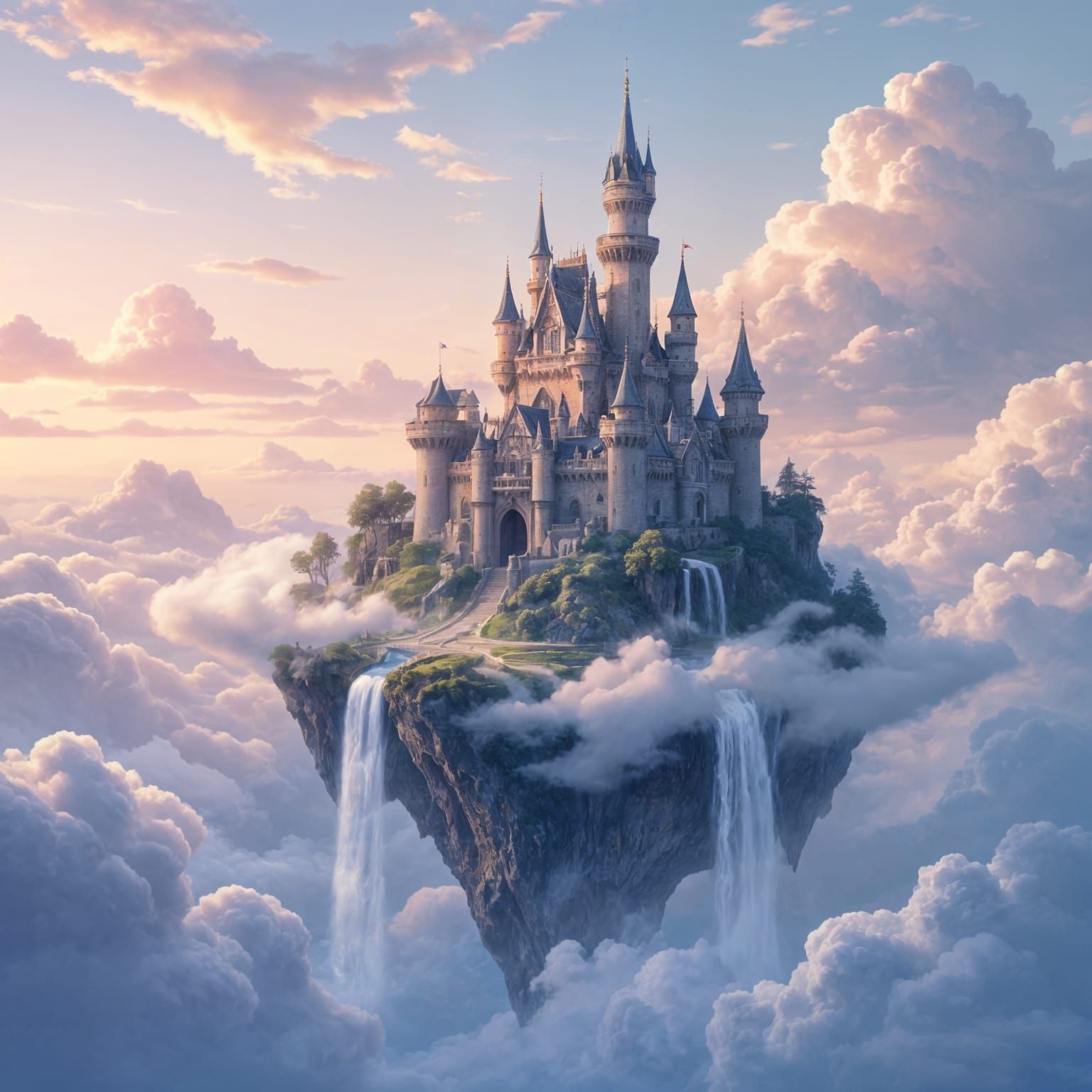 Enchanting Castle on Floating Island with Waterfalls