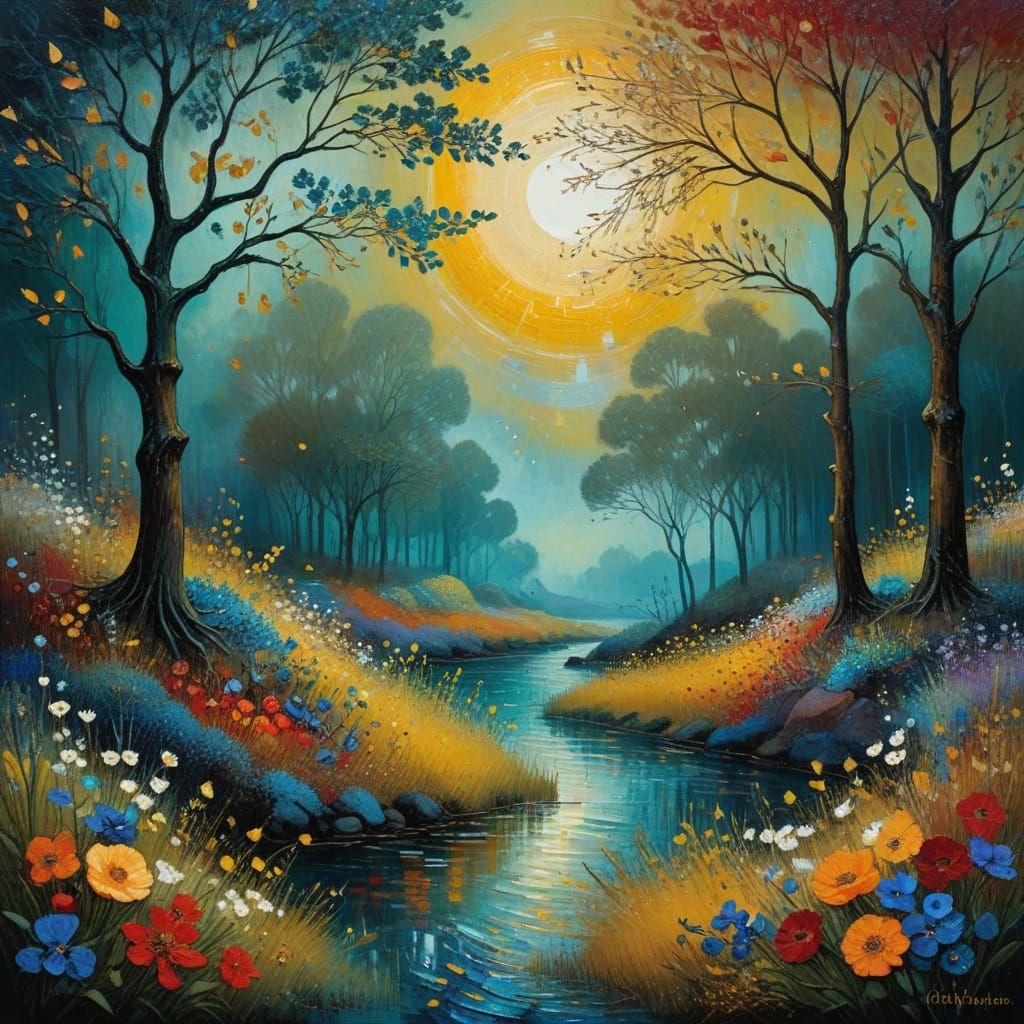 Misty Seaside Scene in Surrealist Mixed Media Style