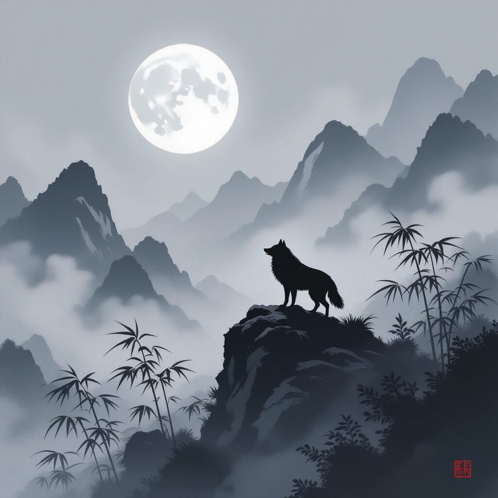 Wolf Howling at Moon in Sumi-e Style