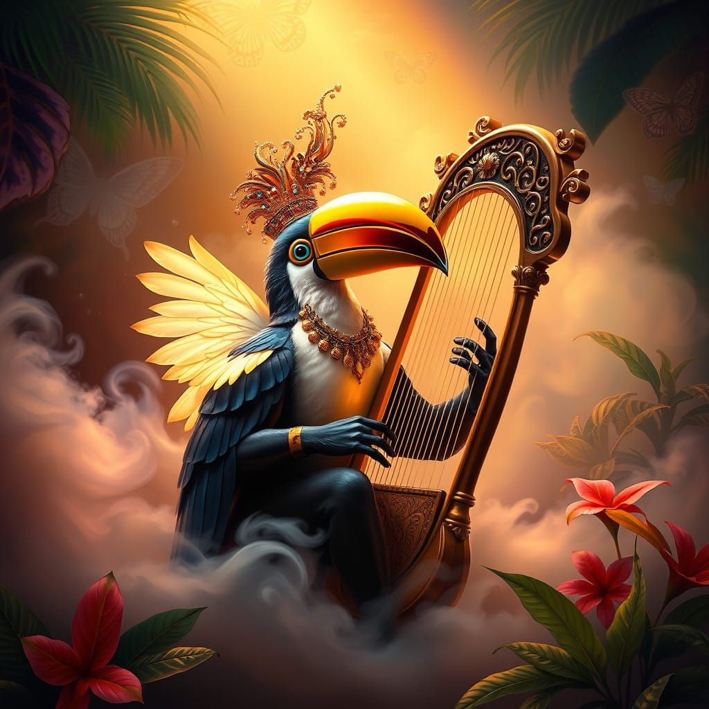 Baroque Tucan Plays Harp Amidst Tropical Foliage