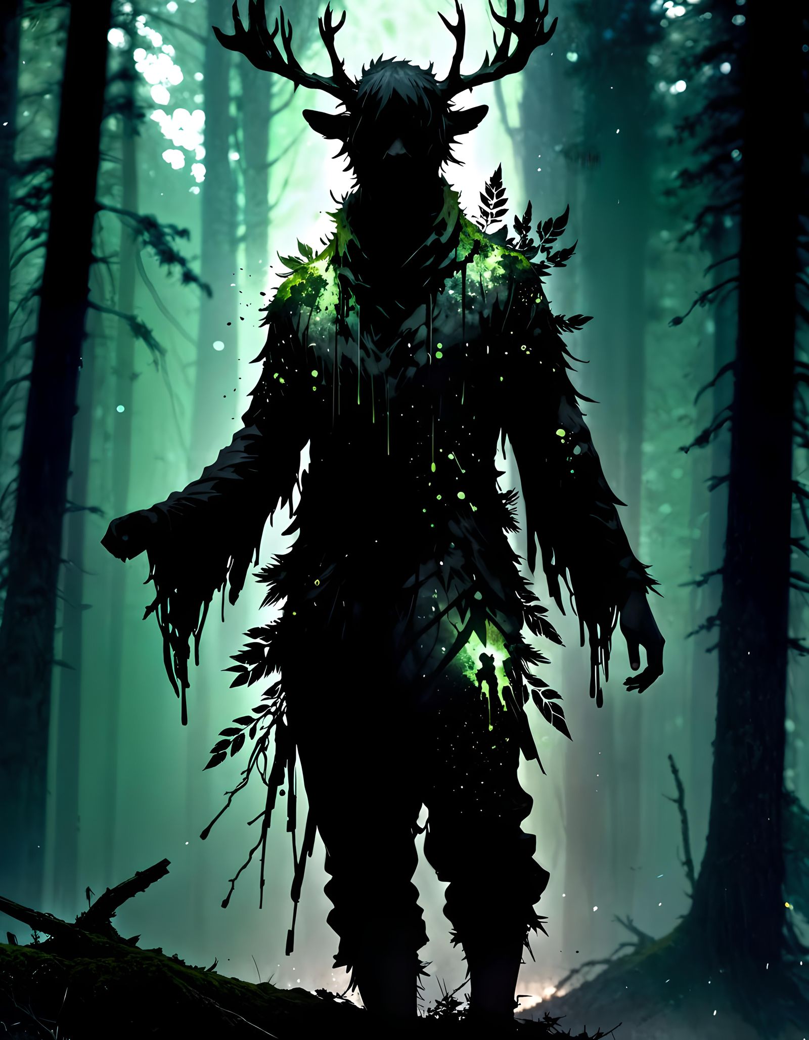 Forest Spirit Silhouette in Cosmic Ink Splatter