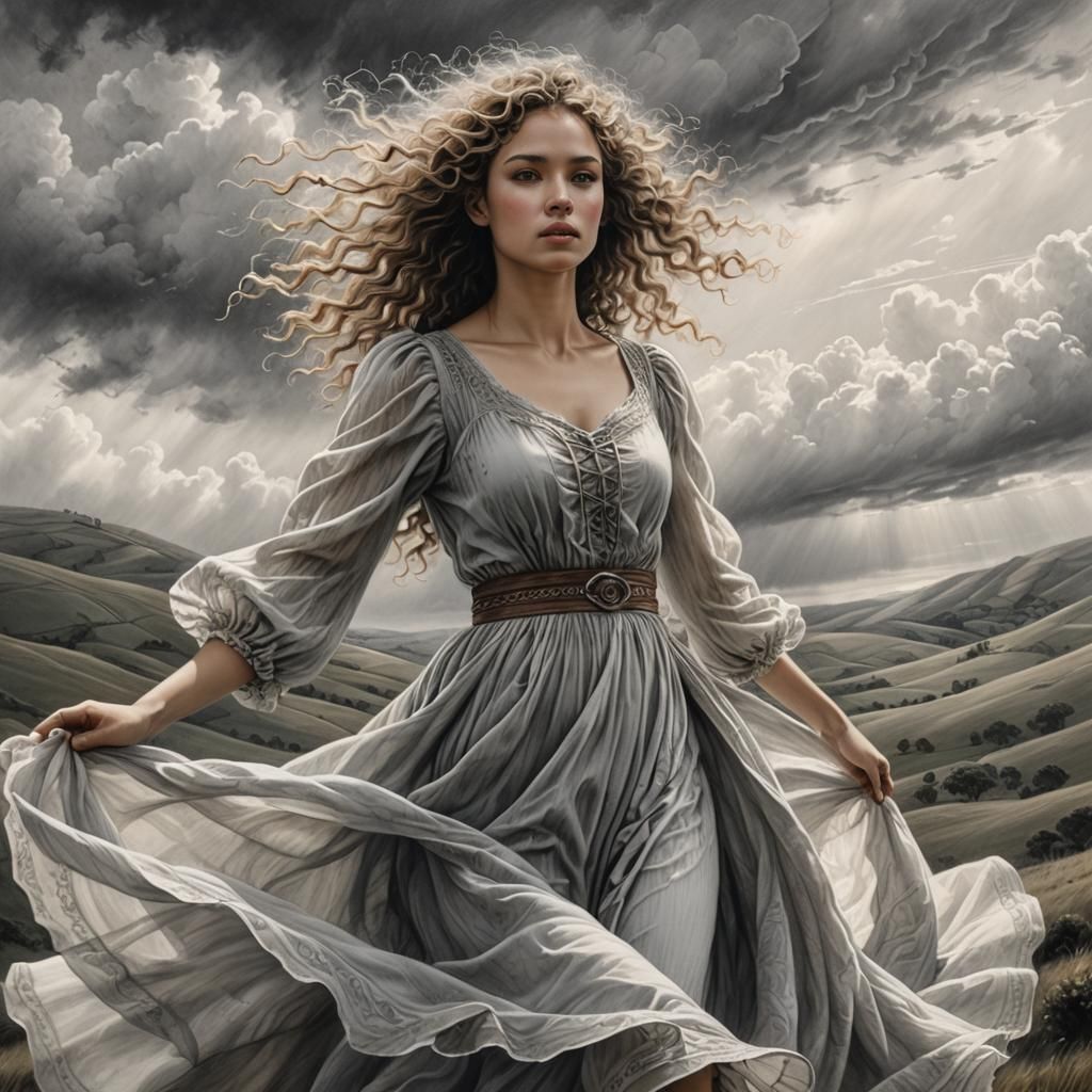 Dreamlike Pencil Sketch of Woman in Flowing Dress