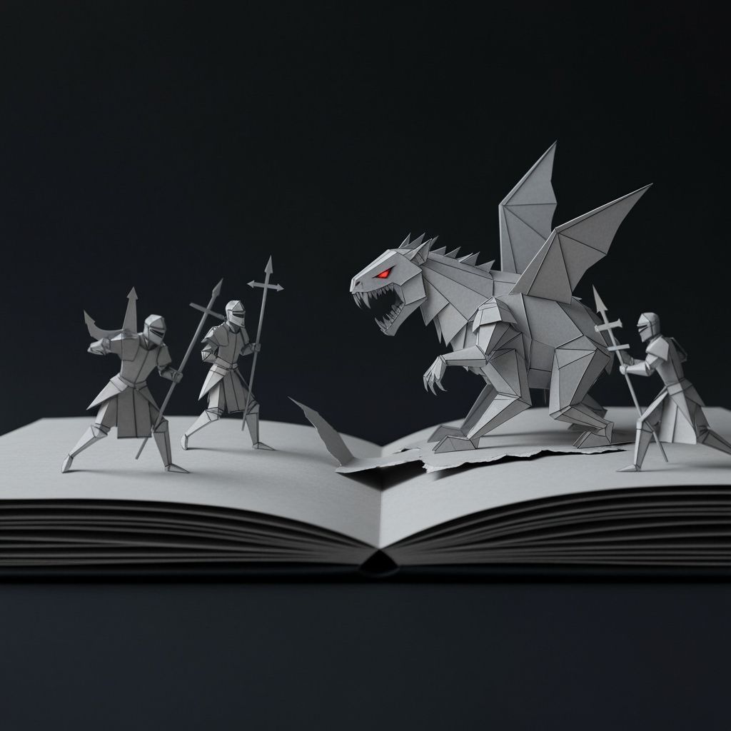 Papercraft Knights Battle Monstrous Beast in Dark Fantasy Po...