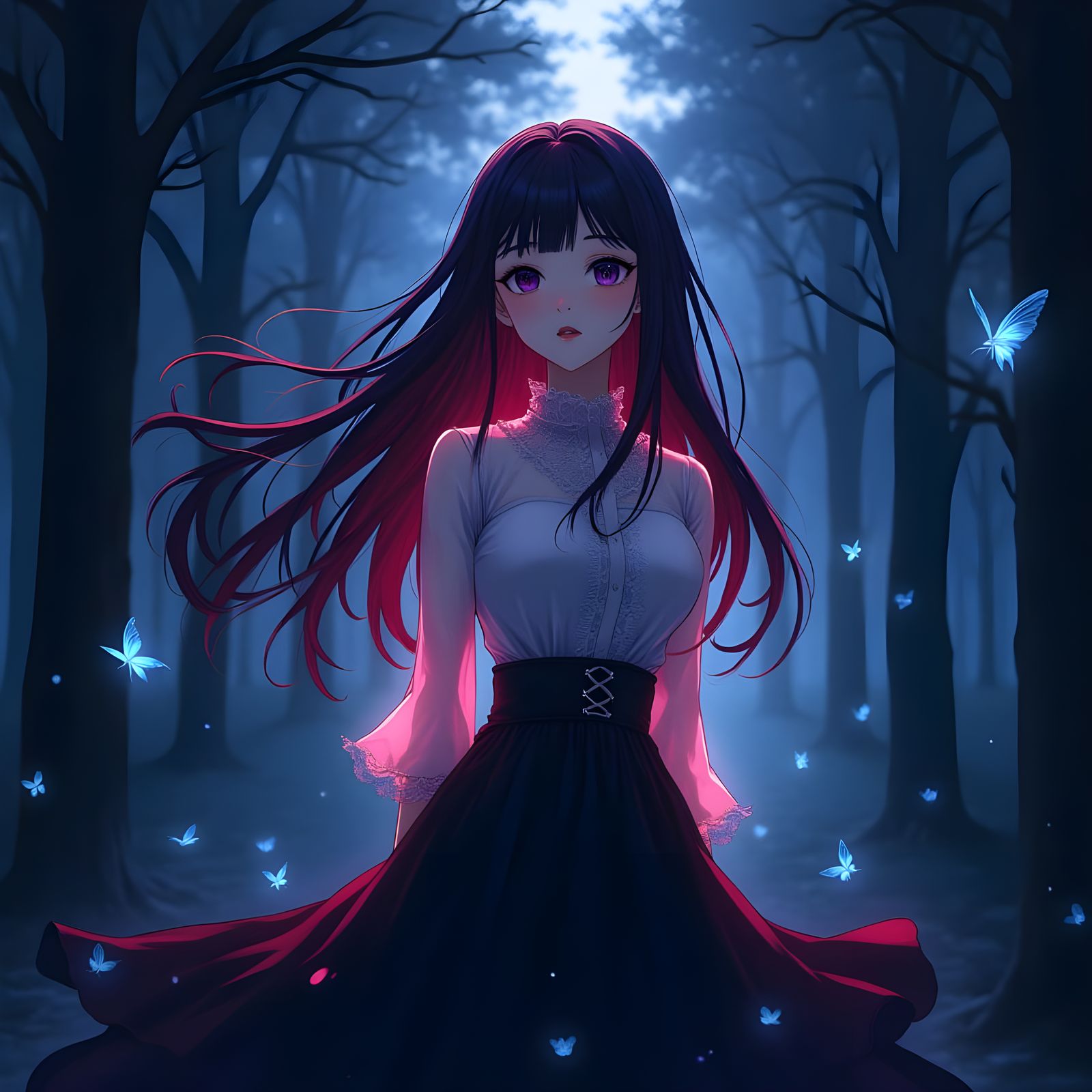 Anime-Style Fantasy Girl in Dark Mystical Forest
