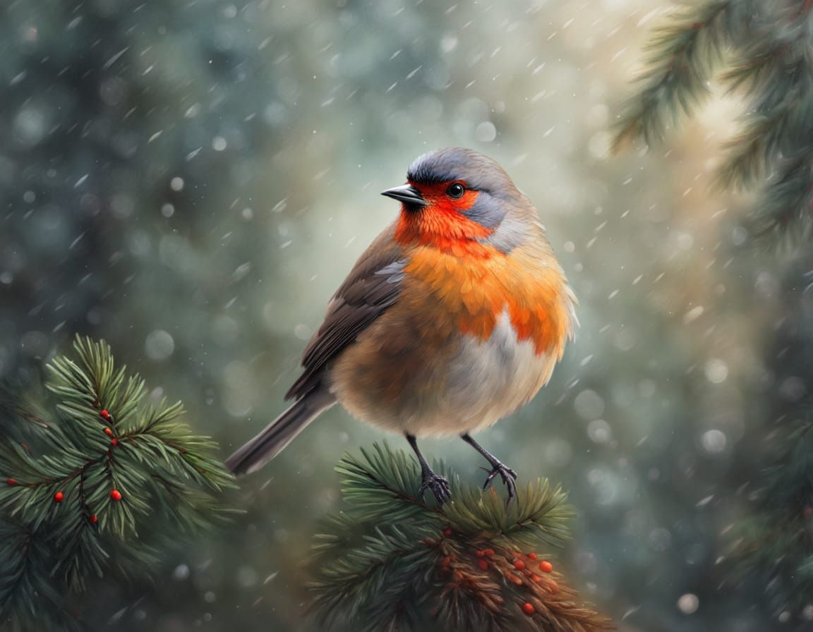 Impressionist Mountain Bird on Fir Branch