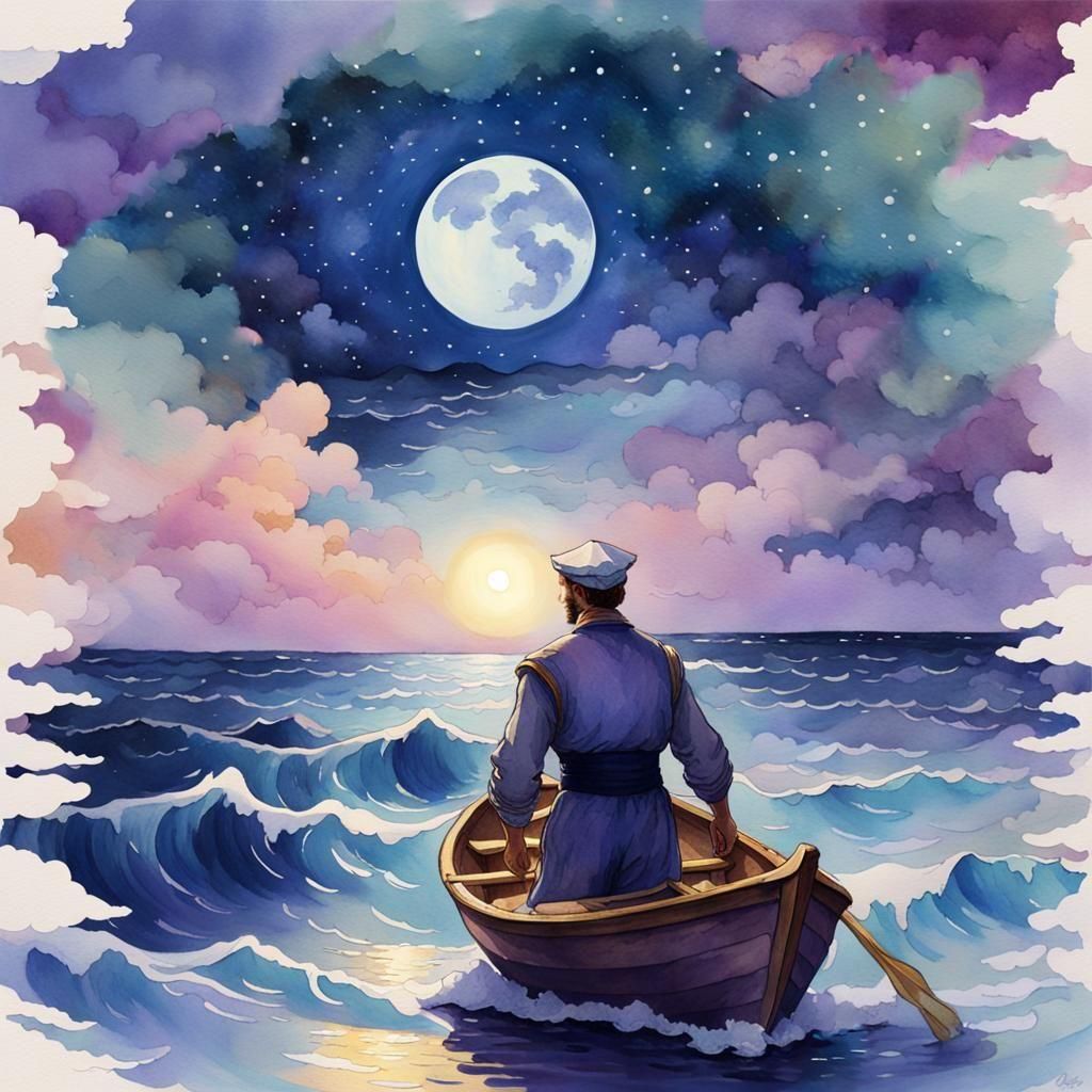 Moonlit Boat at Sea: Watercolour Digital Art