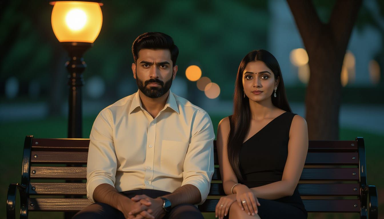 Cinematic Evening Scene: Man and Woman on Park Bench