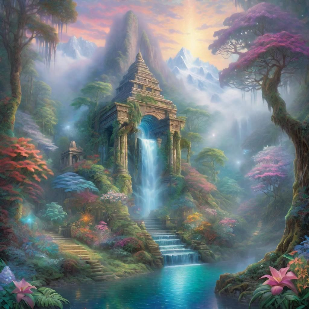 Ethereal Rainforest Temple with Waterfall in Mixed Media