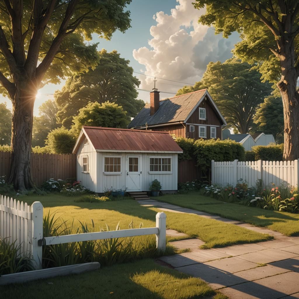 Photorealistic Garden Shed in Golden Light