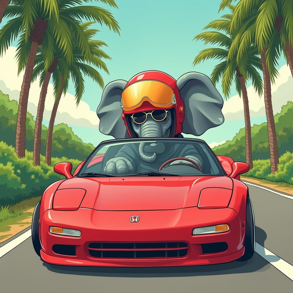 Majestic Elephant Cruises Down Winding Road in Cherry-Red Ho...
