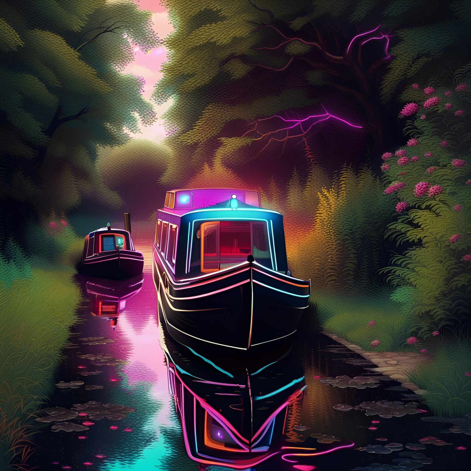 English Canal Narrow Boat in Synthwave Style