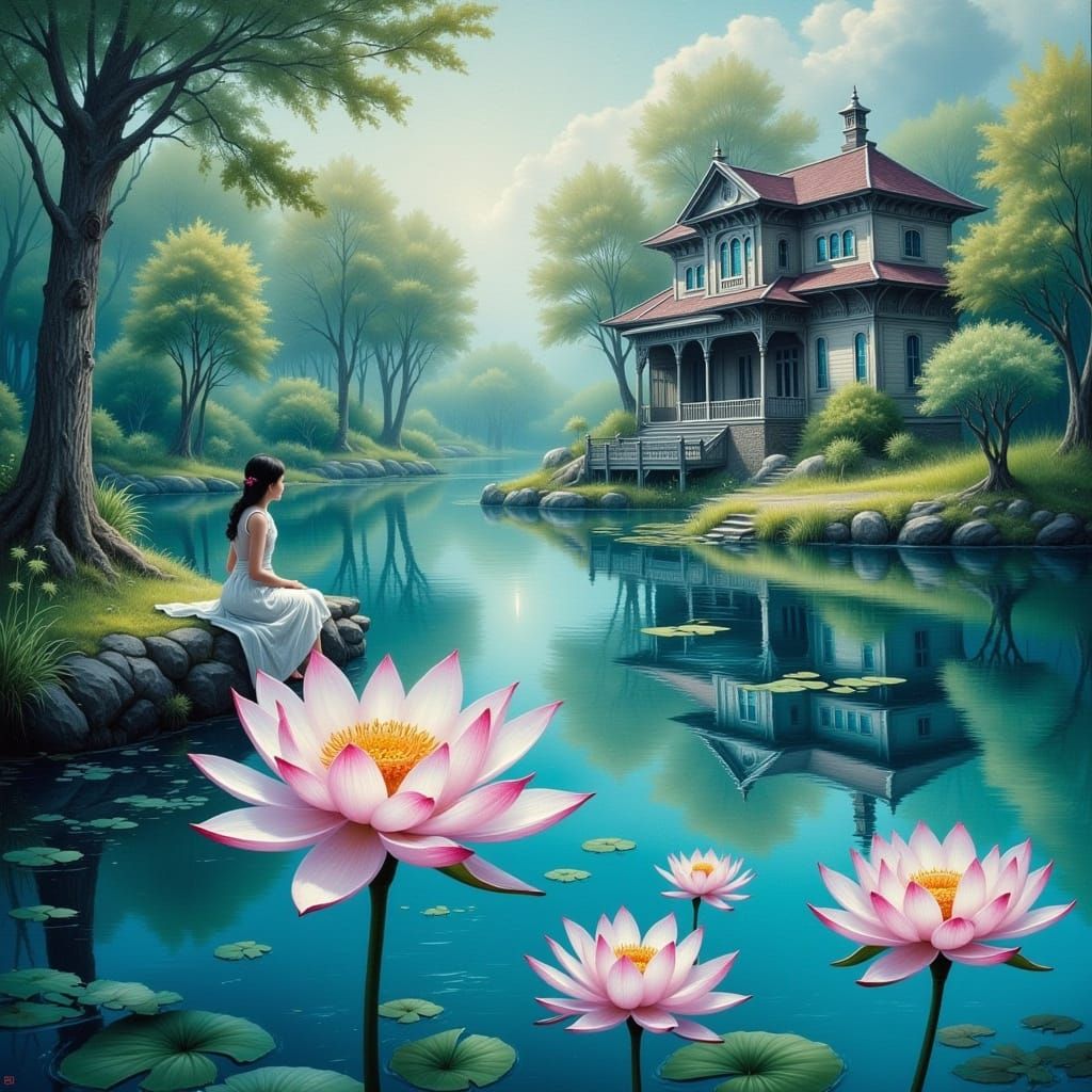 Lotus Flower in Pond of Old Mansion