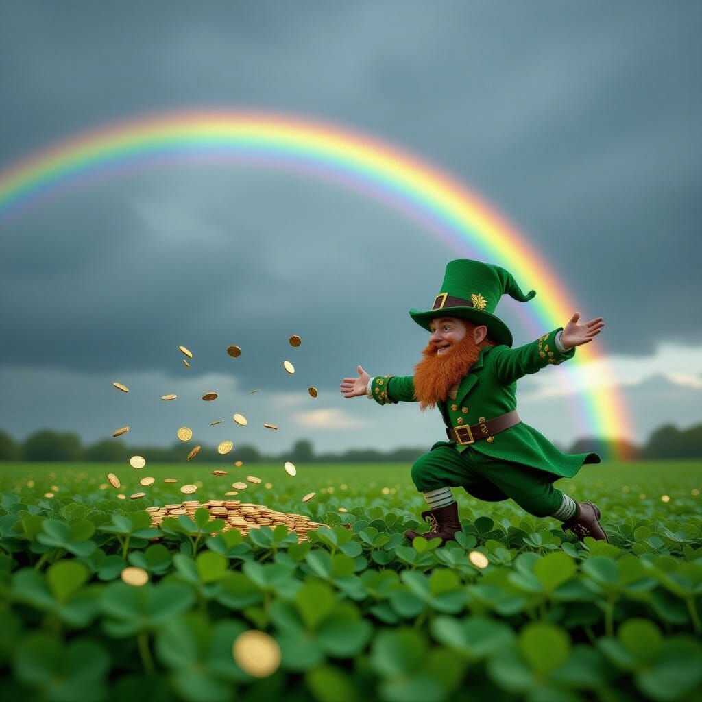 Leprechaun Chases Rainbow in Stormy Field