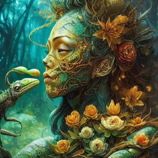 Anime Lizard Portrait in Magical Forest, 8K