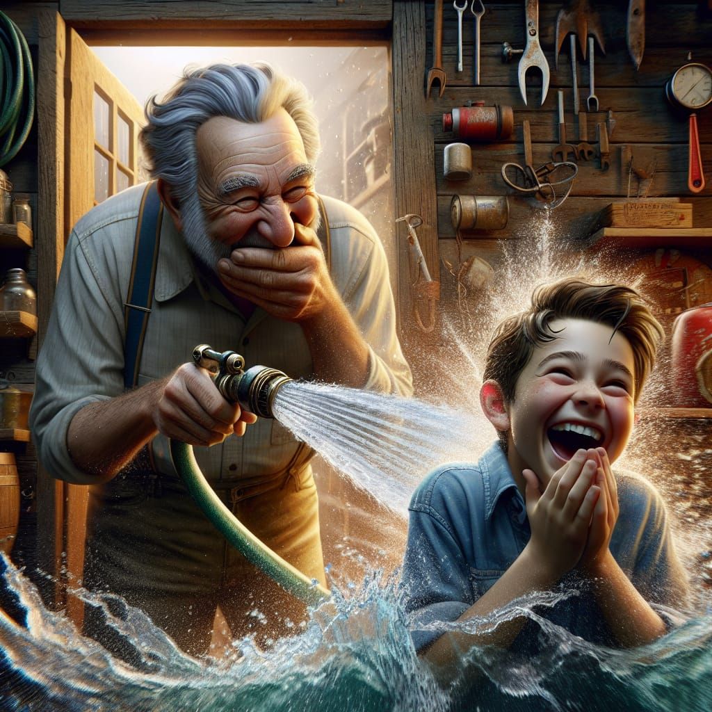Grandfather's Hosed Surprise: A Hyperrealistic Concept Art