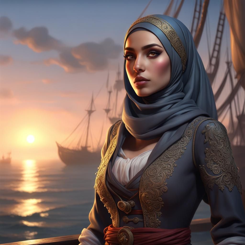 Intricately Detailed Hijabi Pirate at Dawn