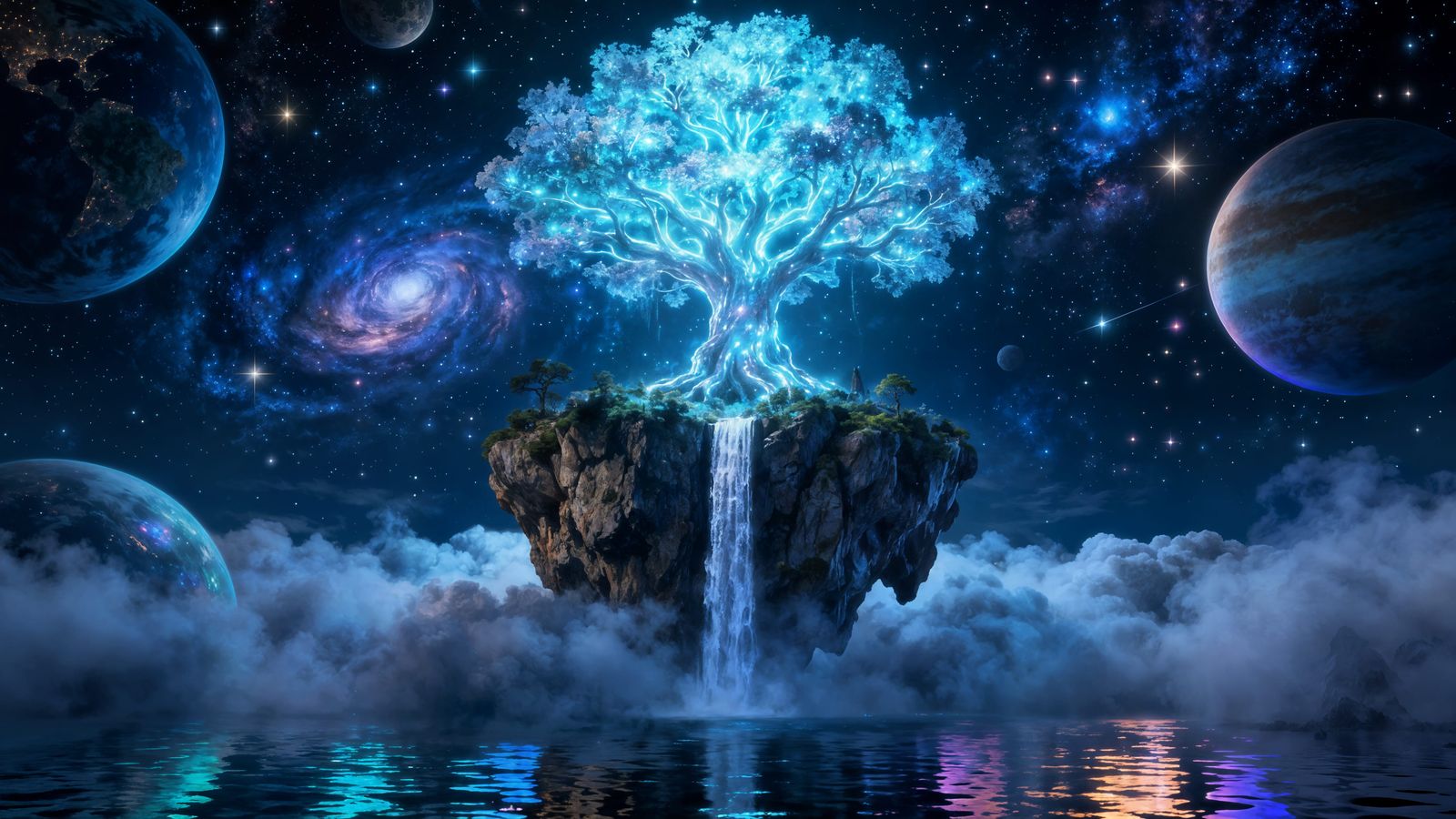 Glowing Tree of Life on Floating Island in Cosmic Sky