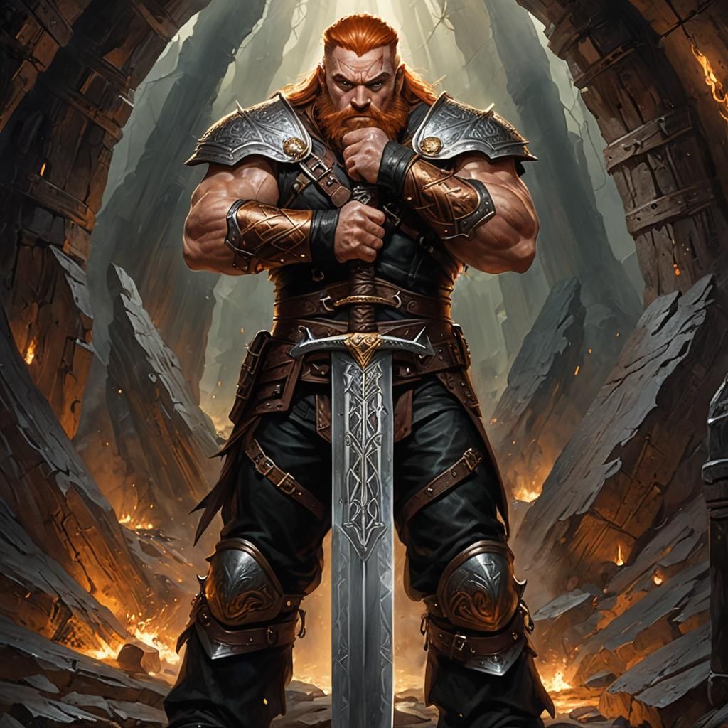 Muscular Dwarf with Greatsword in Dark Cavern