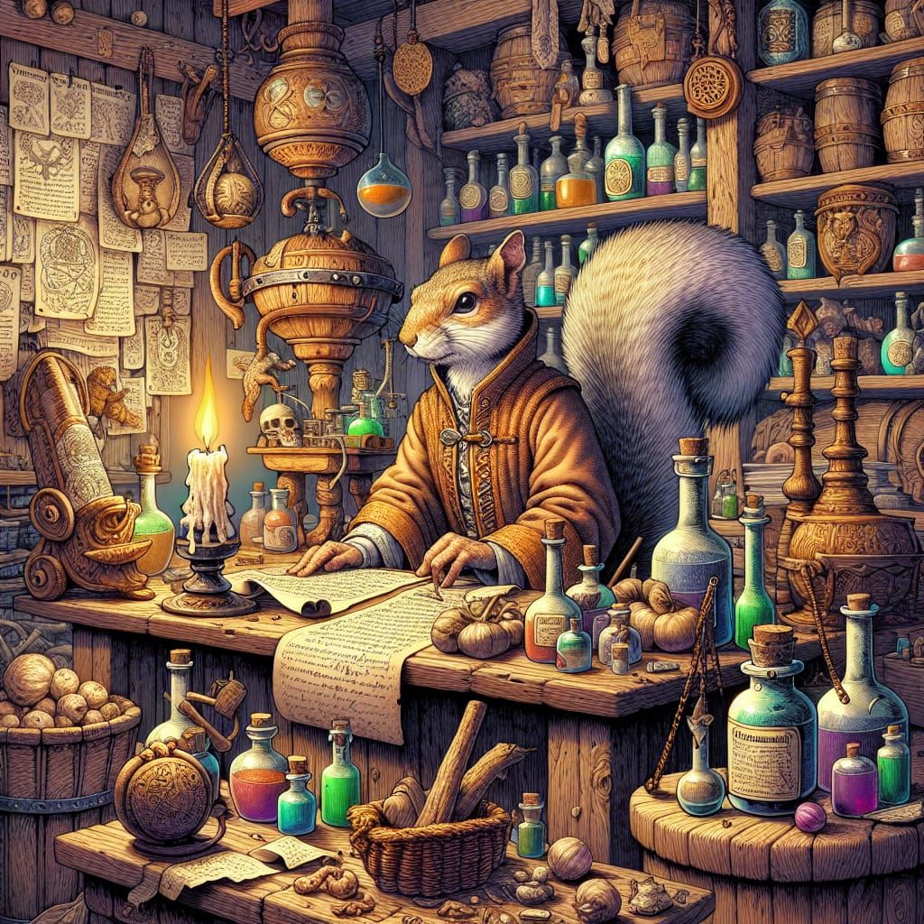 Medieval Squirrel Herbalist in Detailed Illustration Style
