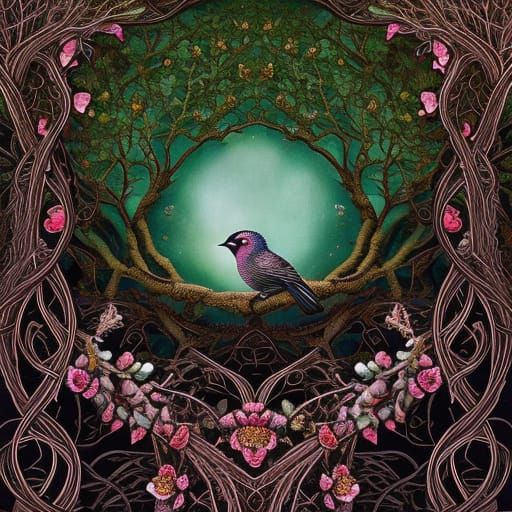 Fantasy Bird of Vines and Flowers: Digital Painting