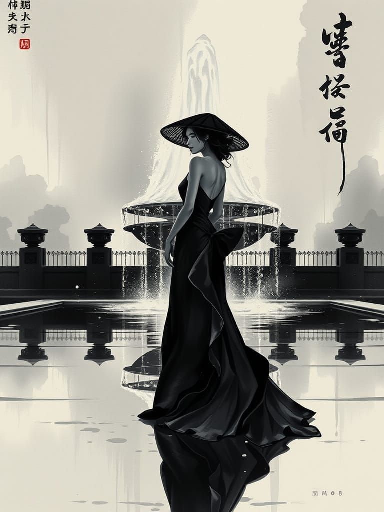 Elegant Woman by Fountain in Yoshitaka Amano Style