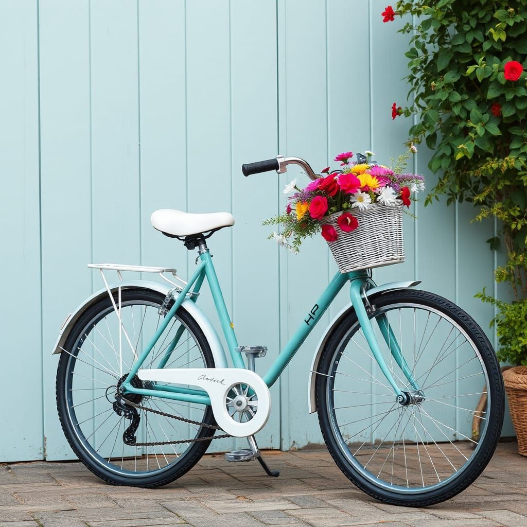 Teal Bicycle with Flower Basket on Wood