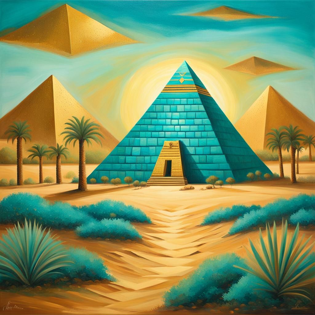 Golden Egyptian Pyramid with Teal Accents in Naive Art Style