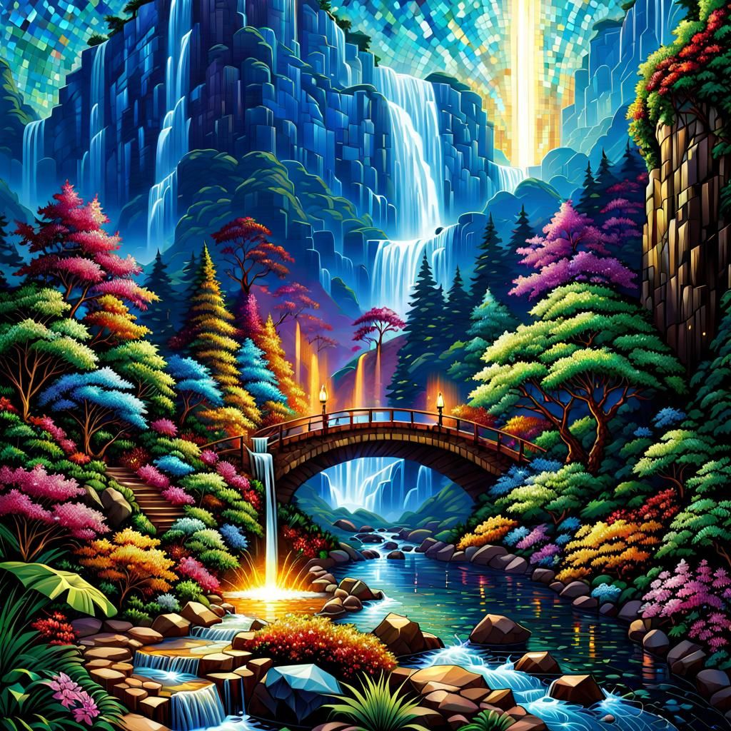 Gemstone Mosaic Waterfall Wall Art in Comic Book Style