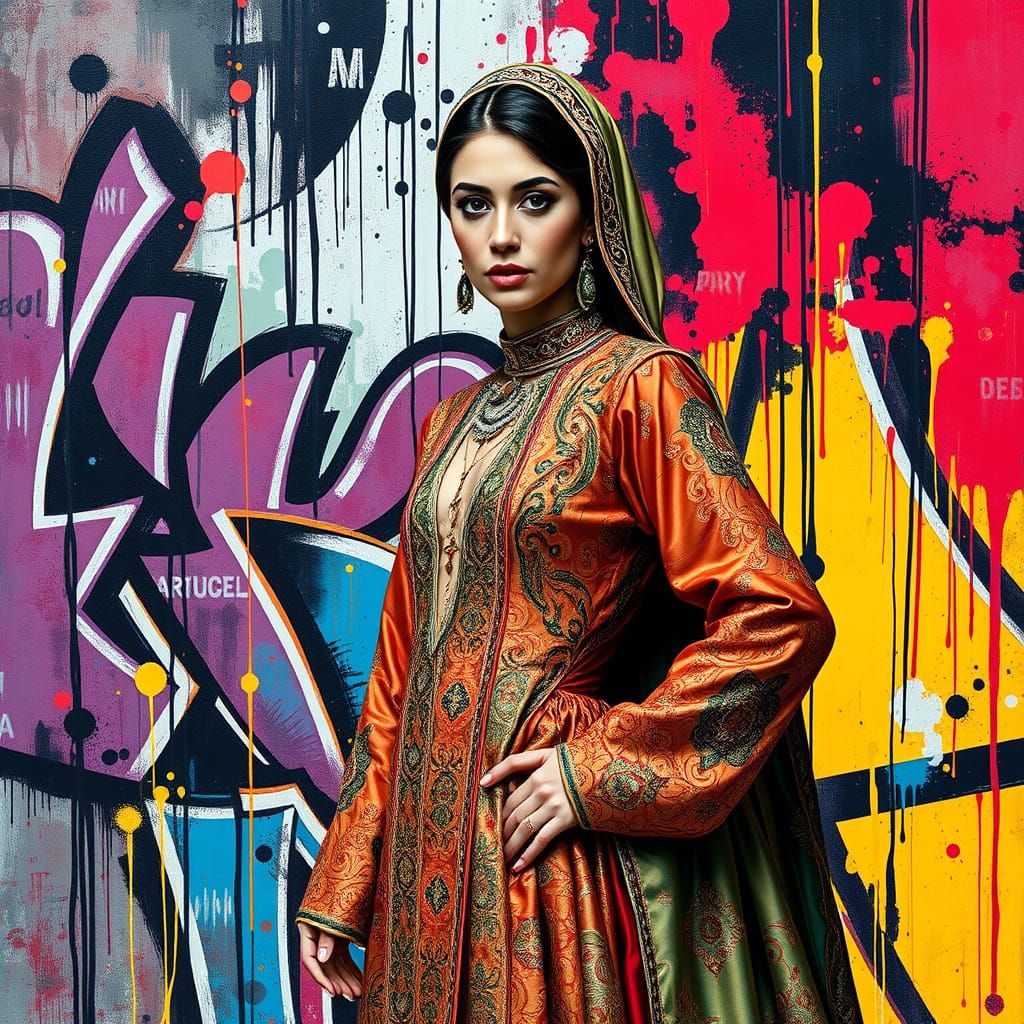 Turkish Woman in Opulent Silk Gown Amidst Vibrant Urban Graf...