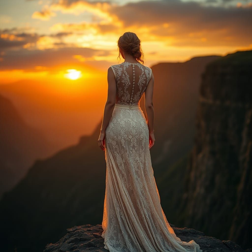 Woman at Sunset Cliff in Pre-Raphaelite Style