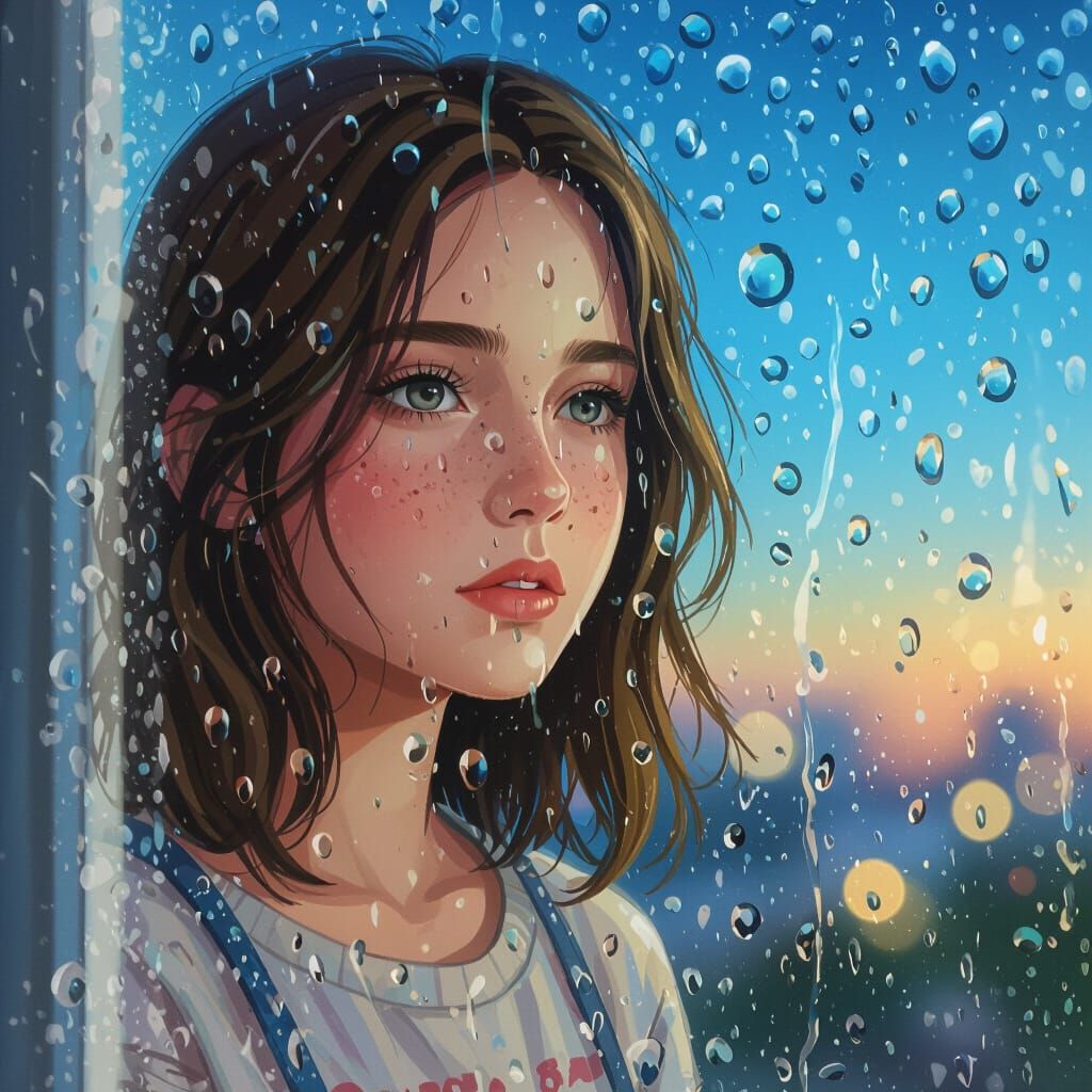 Rainy Window with Starry Sky and Girl's Reflection