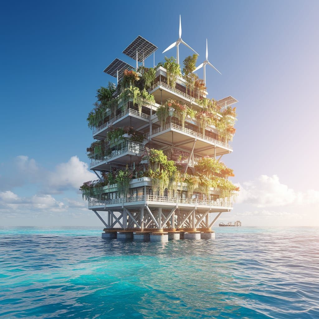 Sustainable Solarpunk Cityscape Rising from the Ocean