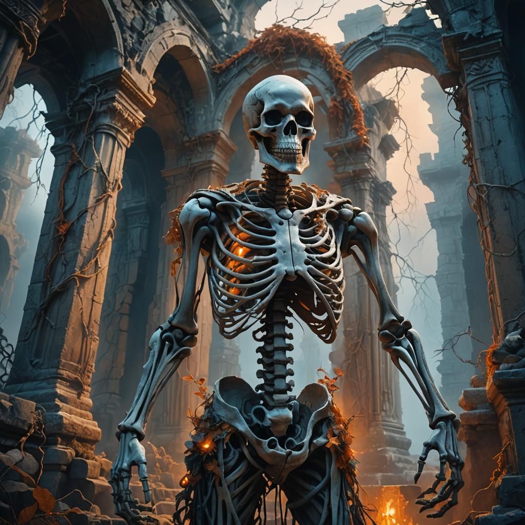 Skeleton in Mystical Ruins: Detailed Matte Painting